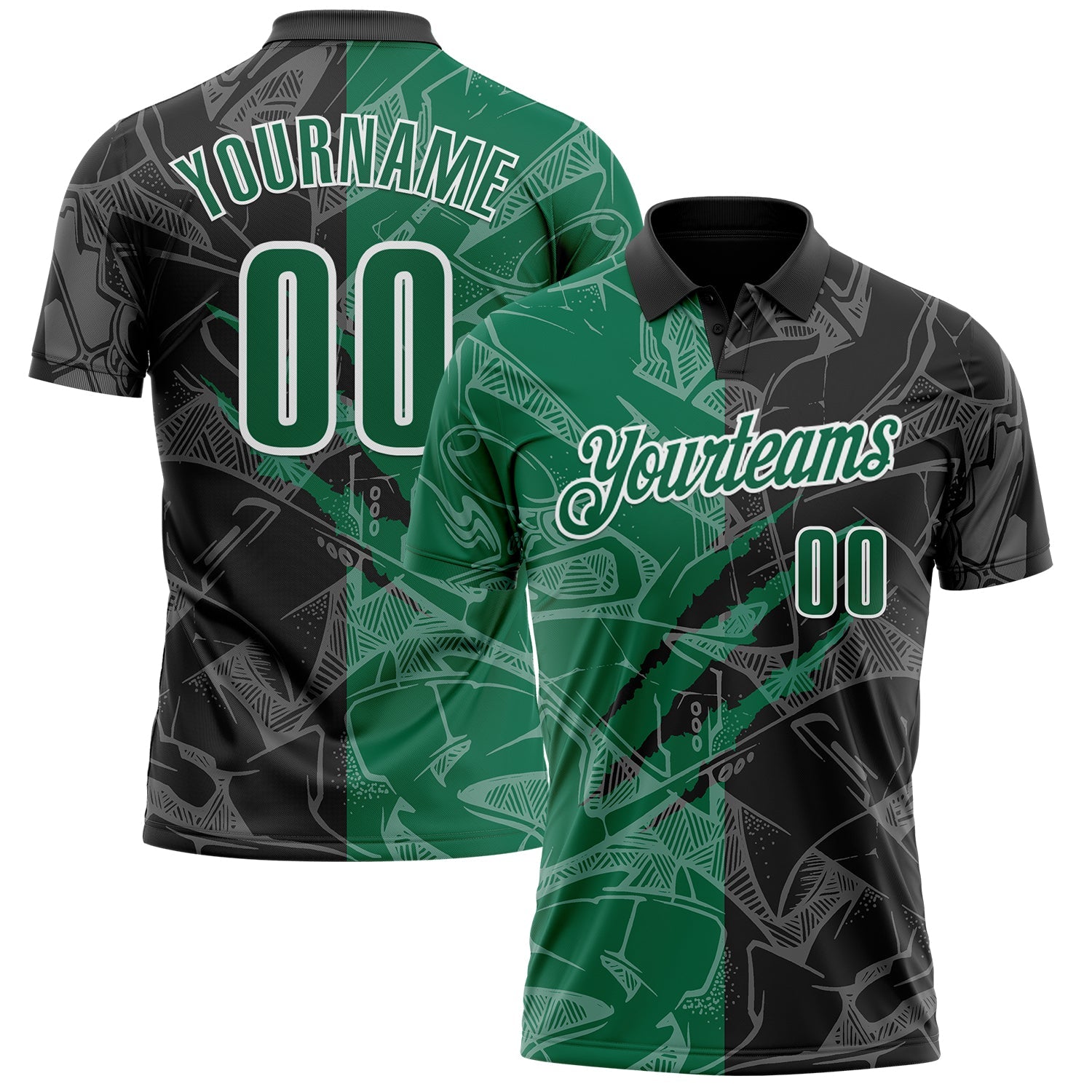 Custom Graffiti Pattern Kelly Green Black-White 3D Scratch Performance Polo Shirt