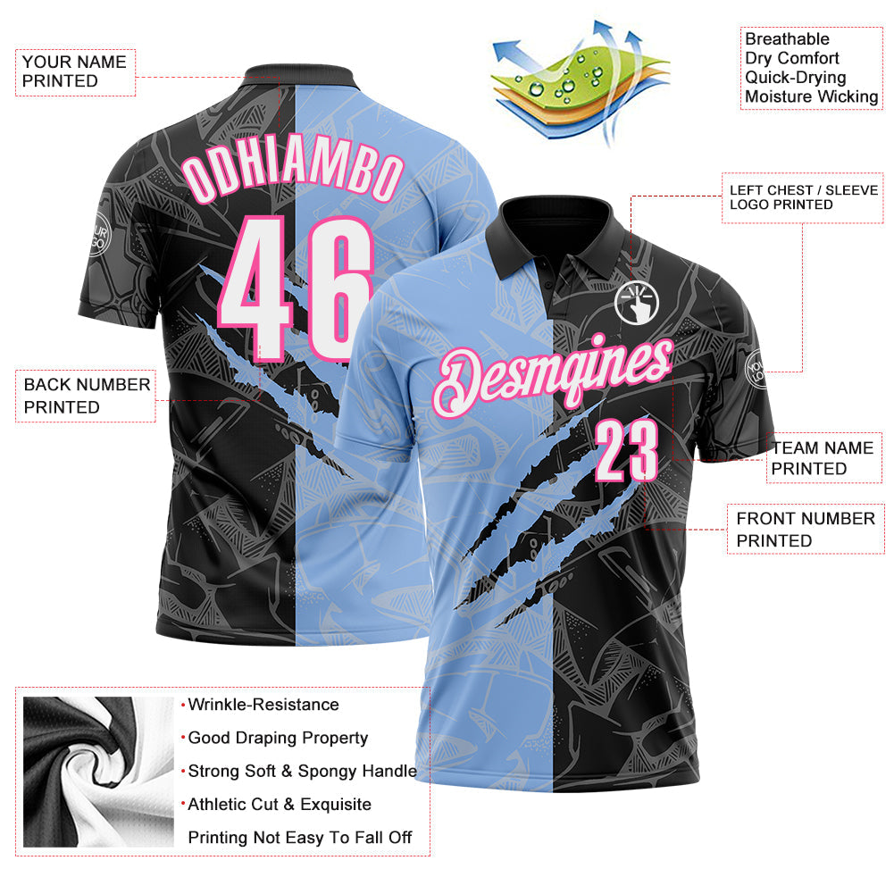 Custom Graffiti Pattern White Black Light Blue-Pink 3D Scratch Performance Polo Shirt