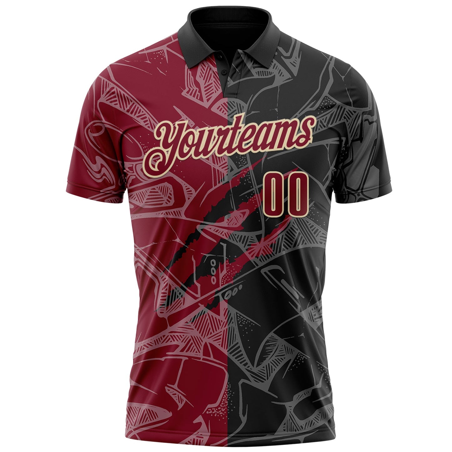Custom Graffiti Pattern Crimson Black-Cream 3D Scratch Performance Polo Shirt