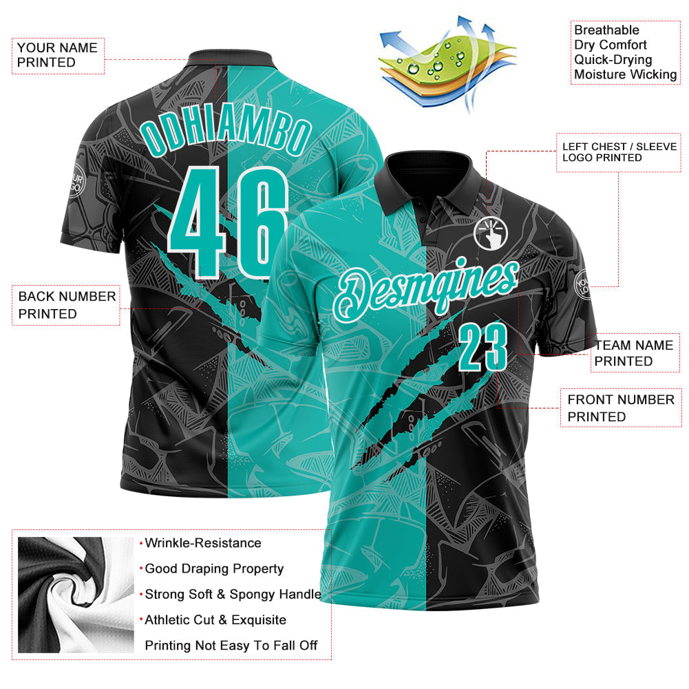 Custom Graffiti Pattern Aqua Black-White 3D Scratch Performance Polo Shirt