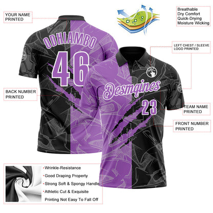 Custom Graffiti Pattern Medium Purple Black-White 3D Scratch Performance Polo Shirt