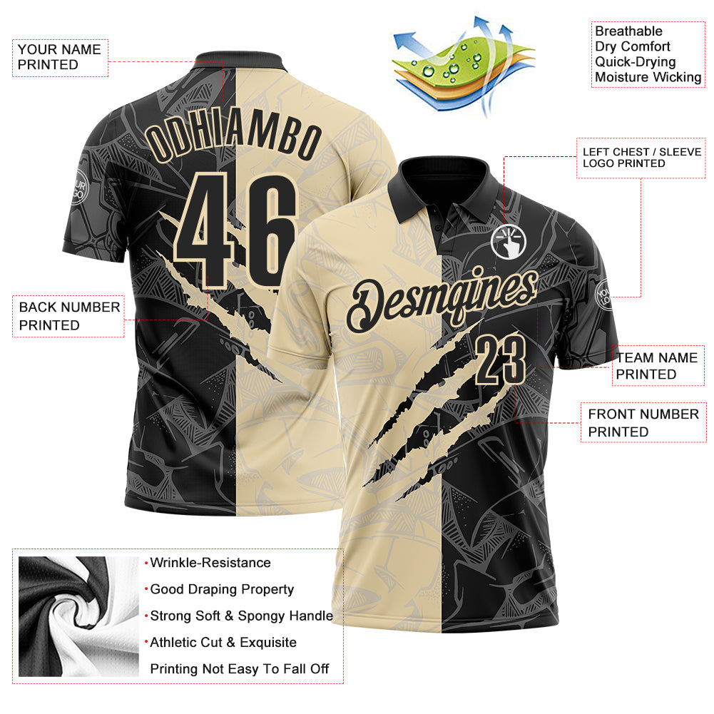 Custom Graffiti Pattern Black-Cream 3D Scratch Performance Polo Shirt