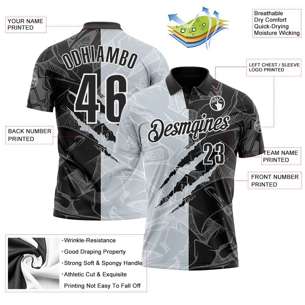 Custom Graffiti Pattern Black Silver-White 3D Scratch Performance Polo Shirt