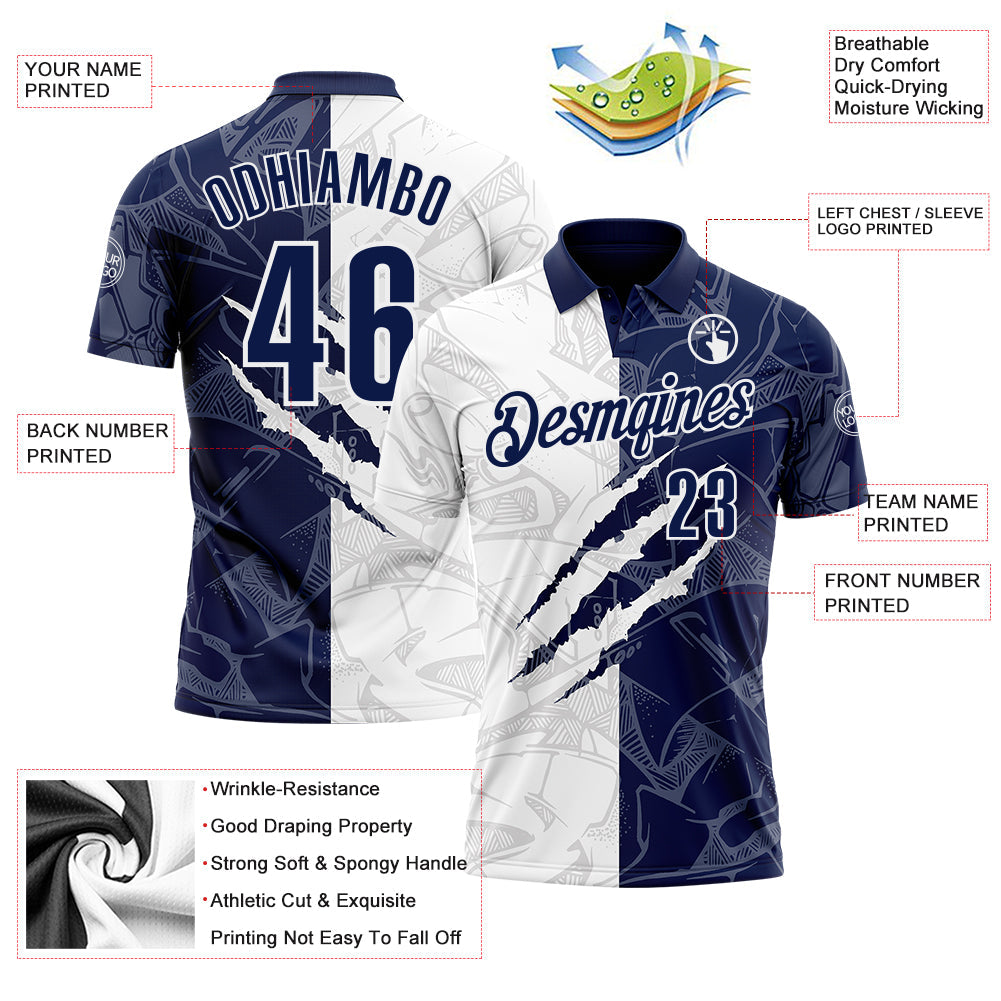 Custom Graffiti Pattern Navy-White 3D Scratch Performance Polo Shirt