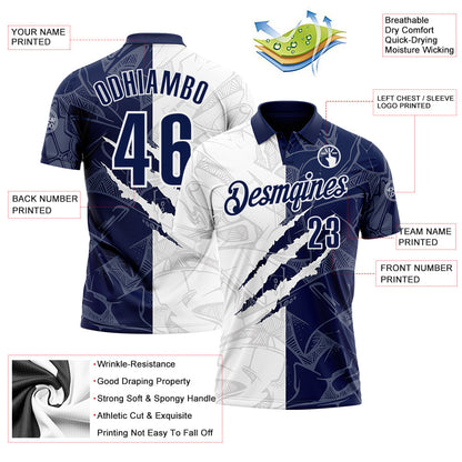Custom Graffiti Pattern Navy-White 3D Scratch Performance Polo Shirt