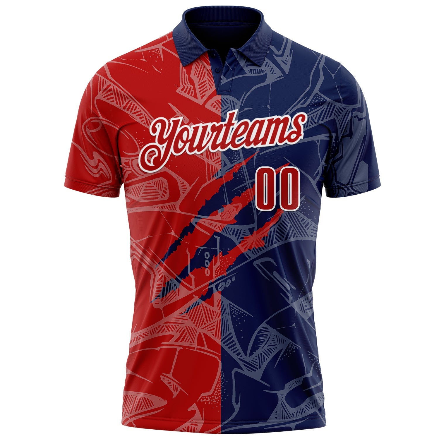 Custom Graffiti Pattern Red Navy-White 3D Scratch Performance Polo Shirt