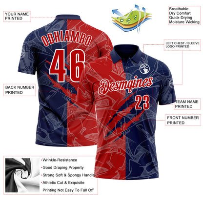 Custom Graffiti Pattern Red Navy-White 3D Scratch Performance Polo Shirt