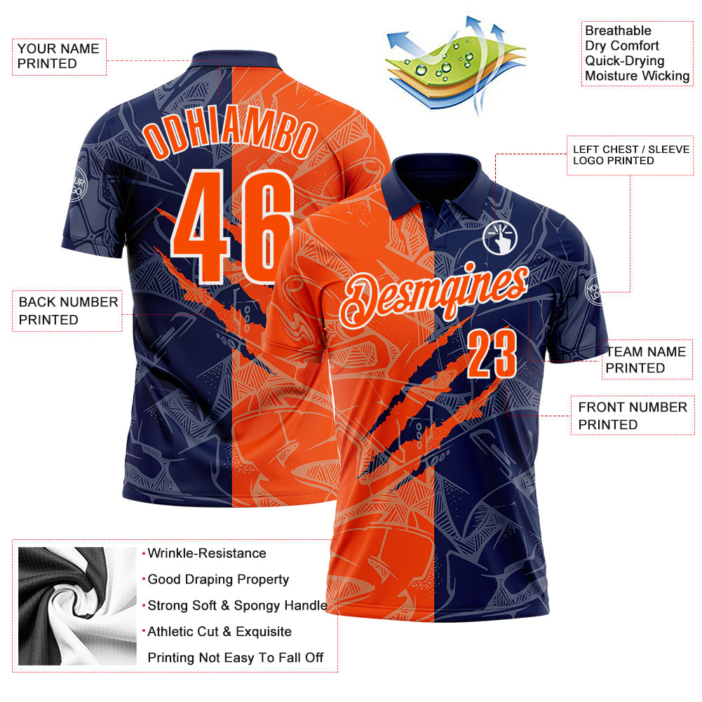 Custom Graffiti Pattern Orange Navy-White 3D Scratch Performance Polo Shirt