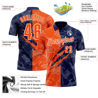 Custom Graffiti Pattern Orange Navy-White 3D Scratch Performance Polo Shirt