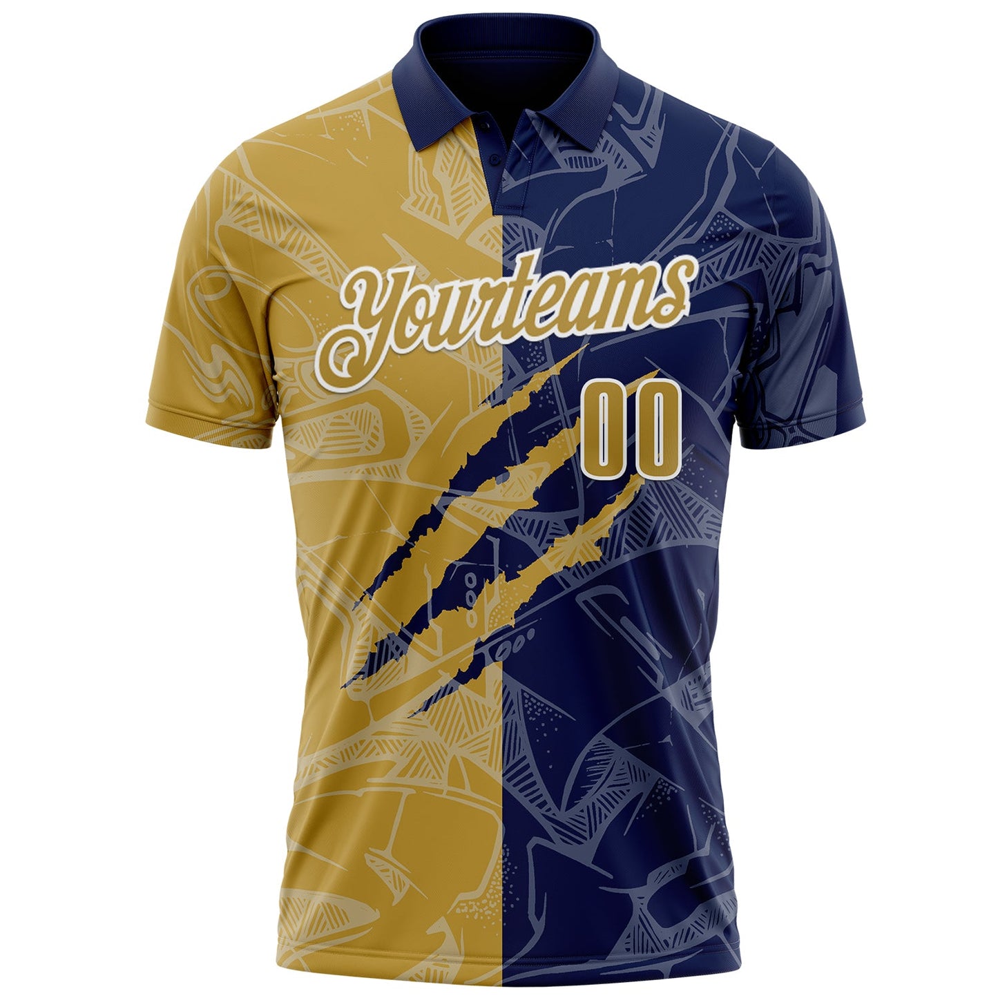 Custom Graffiti Pattern Old Gold Navy-White 3D Scratch Performance Polo Shirt