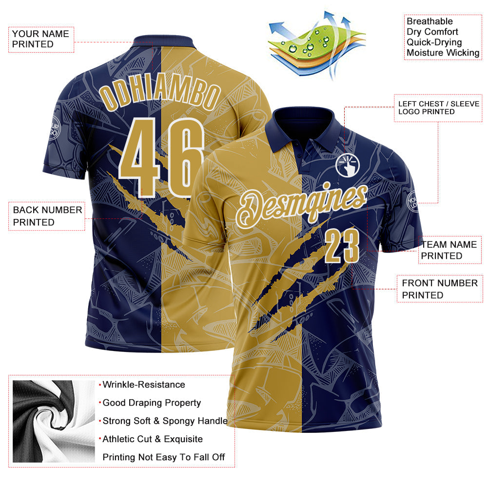 Custom Graffiti Pattern Old Gold Navy-White 3D Scratch Performance Polo Shirt
