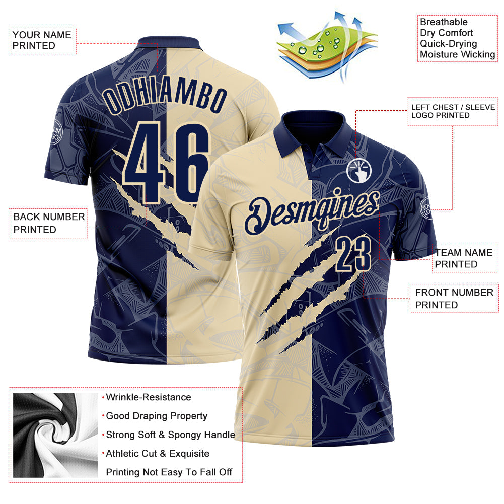 Custom Graffiti Pattern Navy-Cream 3D Scratch Performance Polo Shirt