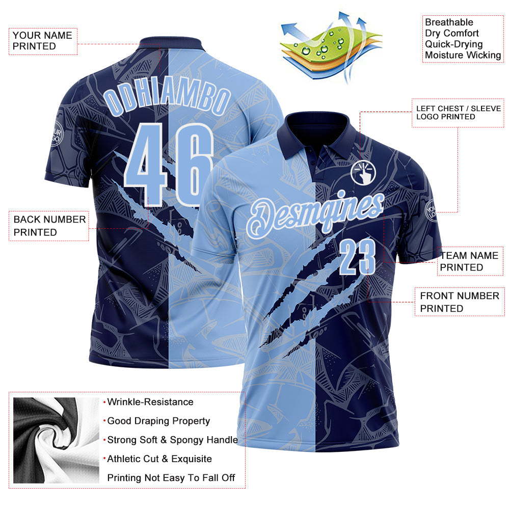 Custom Graffiti Pattern Light Blue Navy-White 3D Scratch Performance Polo Shirt