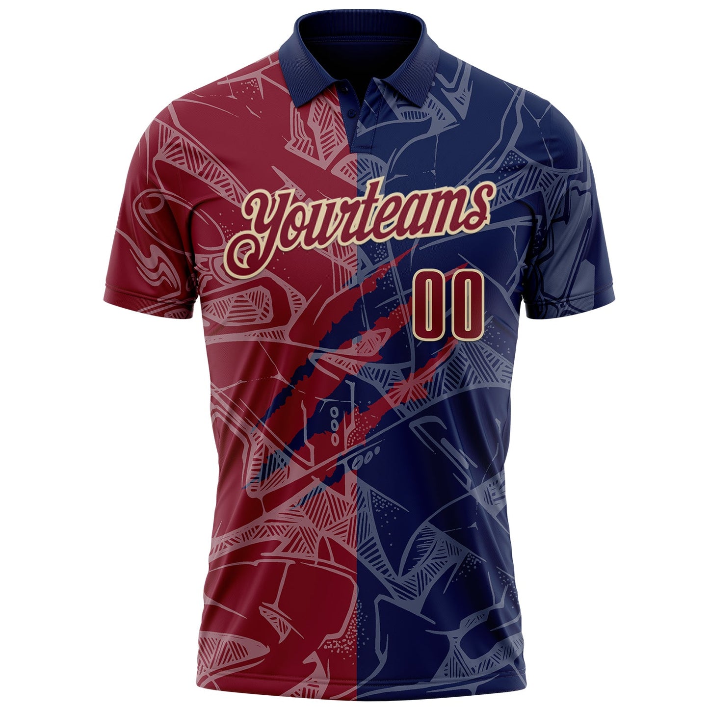 Custom Graffiti Pattern Crimson Navy-Cream 3D Scratch Performance Polo Shirt