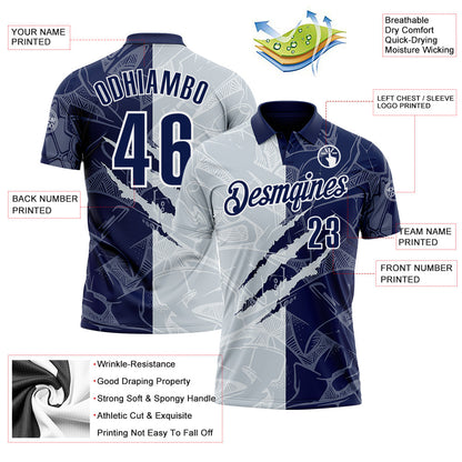 Custom Graffiti Pattern Navy Silver-White 3D Scratch Performance Polo Shirt