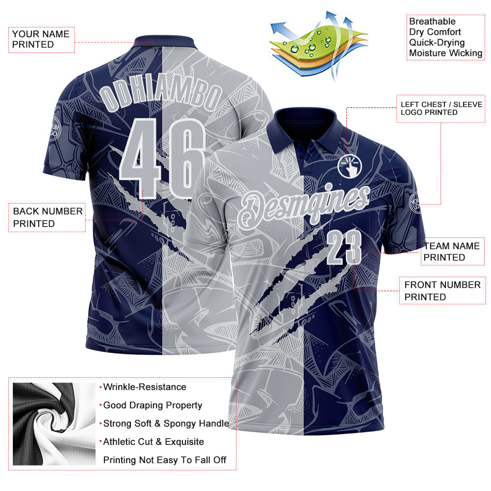 Custom Graffiti Pattern Gray Navy-White 3D Scratch Performance Polo Shirt