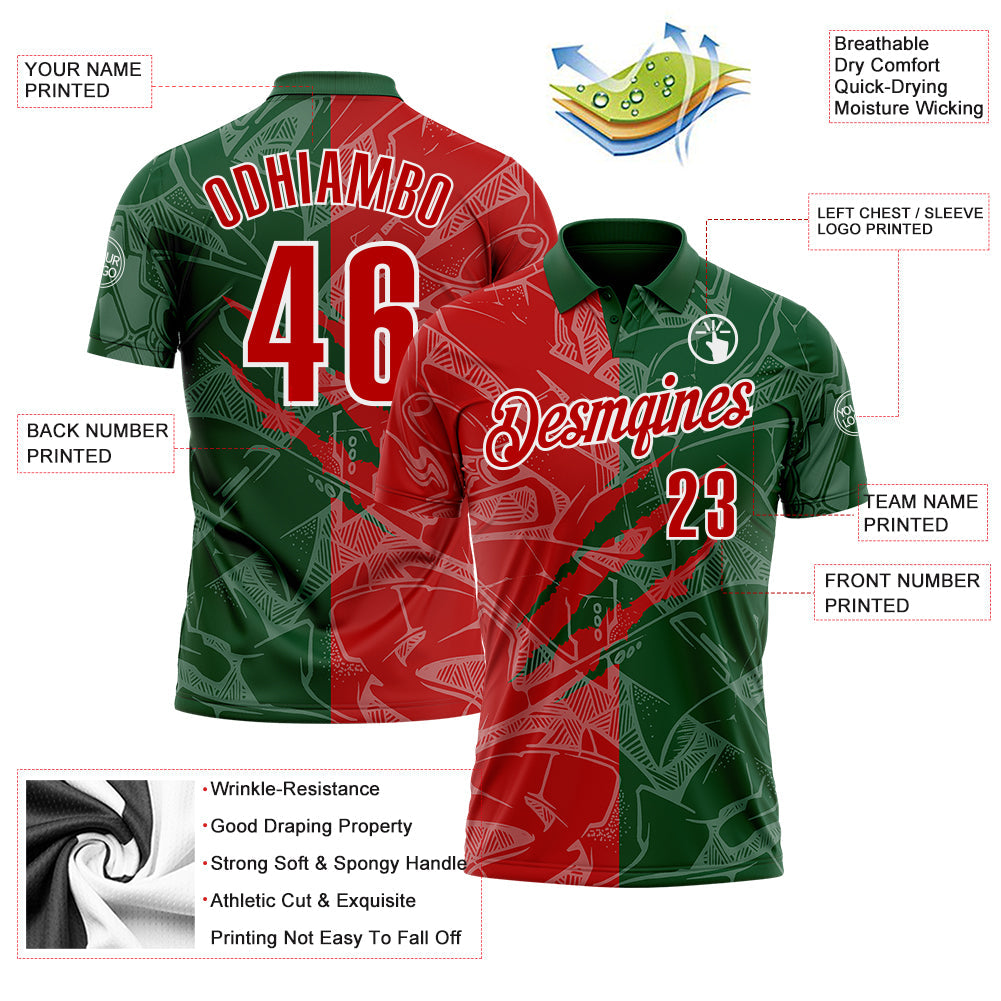 Custom Graffiti Pattern Red Green-White 3D Scratch Performance Polo Shirt
