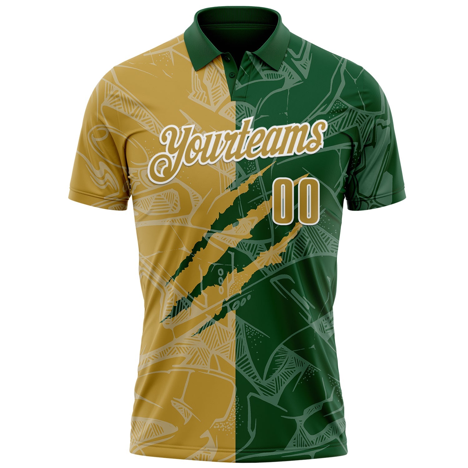 Custom Graffiti Pattern Old Gold Green-White 3D Scratch Performance Polo Shirt