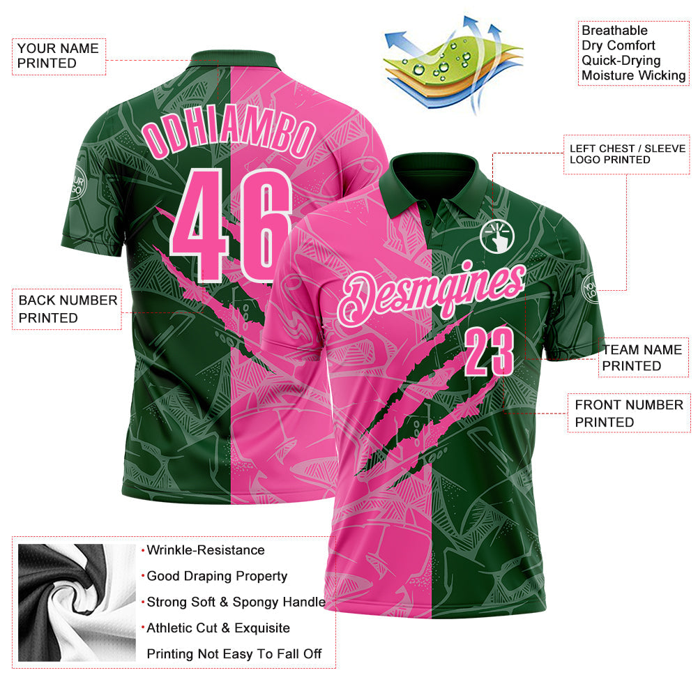 Custom Graffiti Pattern Pink Green-White 3D Scratch Performance Polo Shirt