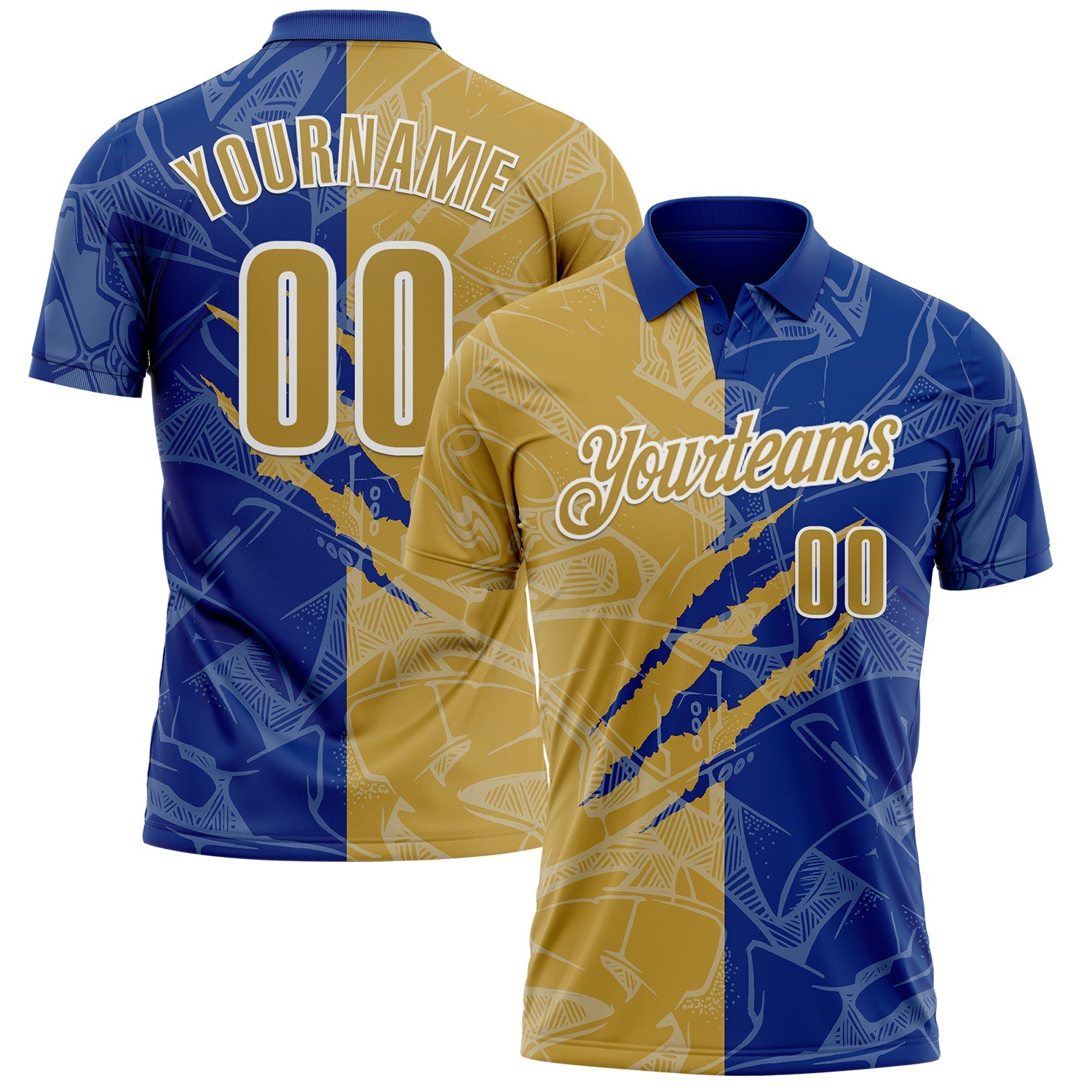 Custom Graffiti Pattern Old Gold Royal-White 3D Scratch Performance Polo Shirt