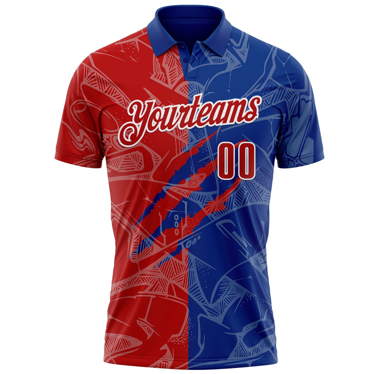 Custom Graffiti Pattern Red Royal-White 3D Scratch Performance Polo Shirt