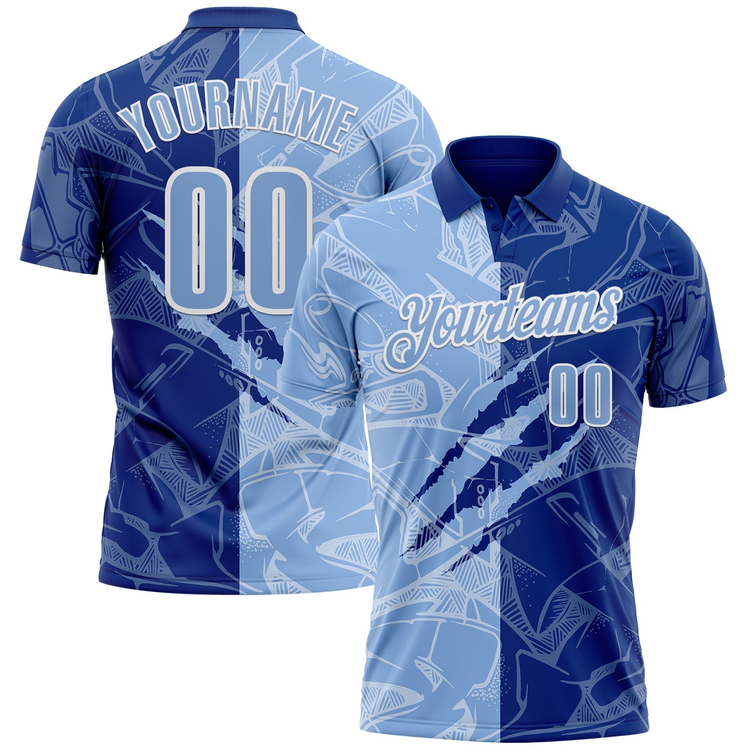 Custom Graffiti Pattern Light Blue Royal-White 3D Scratch Performance Polo Shirt