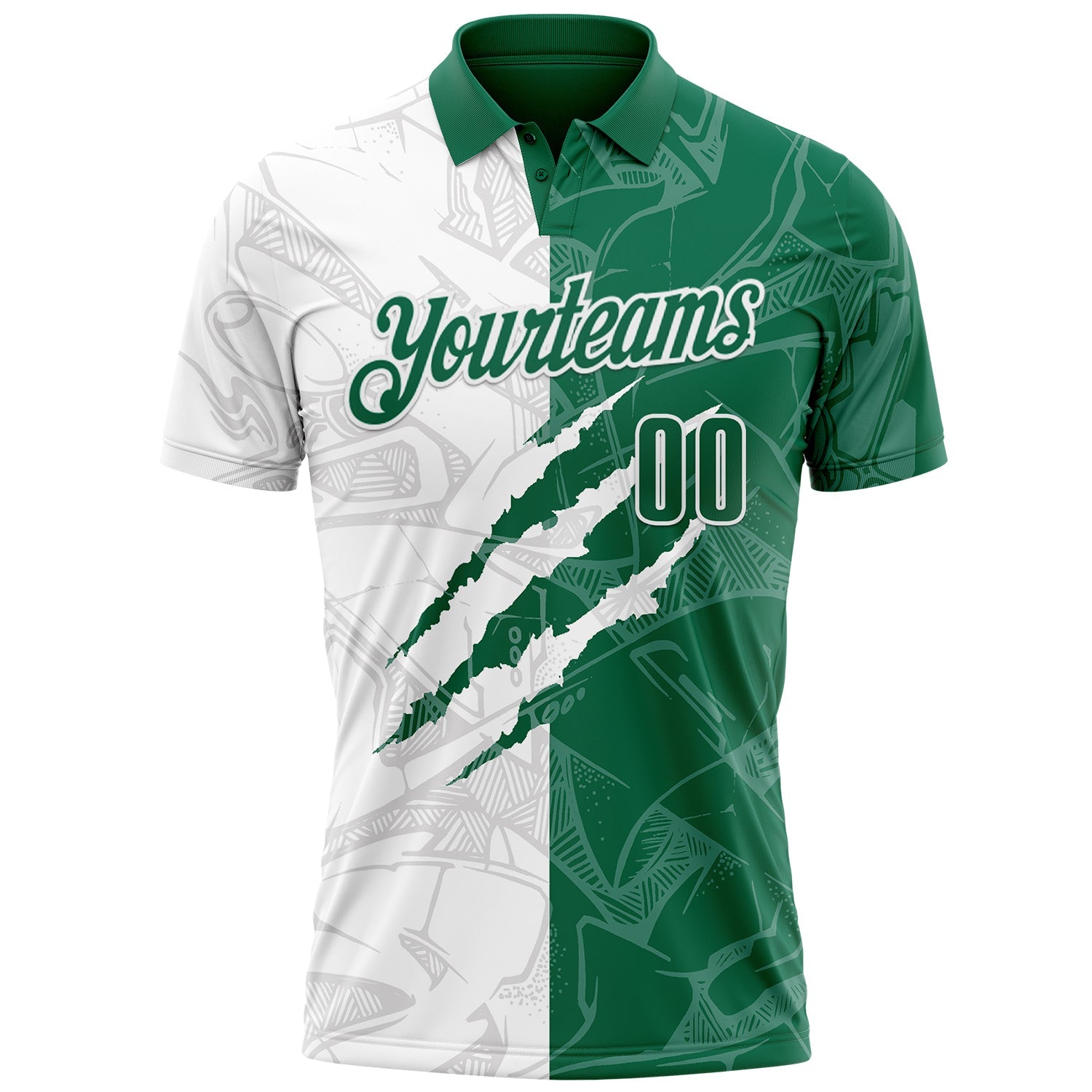 Custom Graffiti Pattern Kelly Green-White 3D Scratch Performance Polo Shirt
