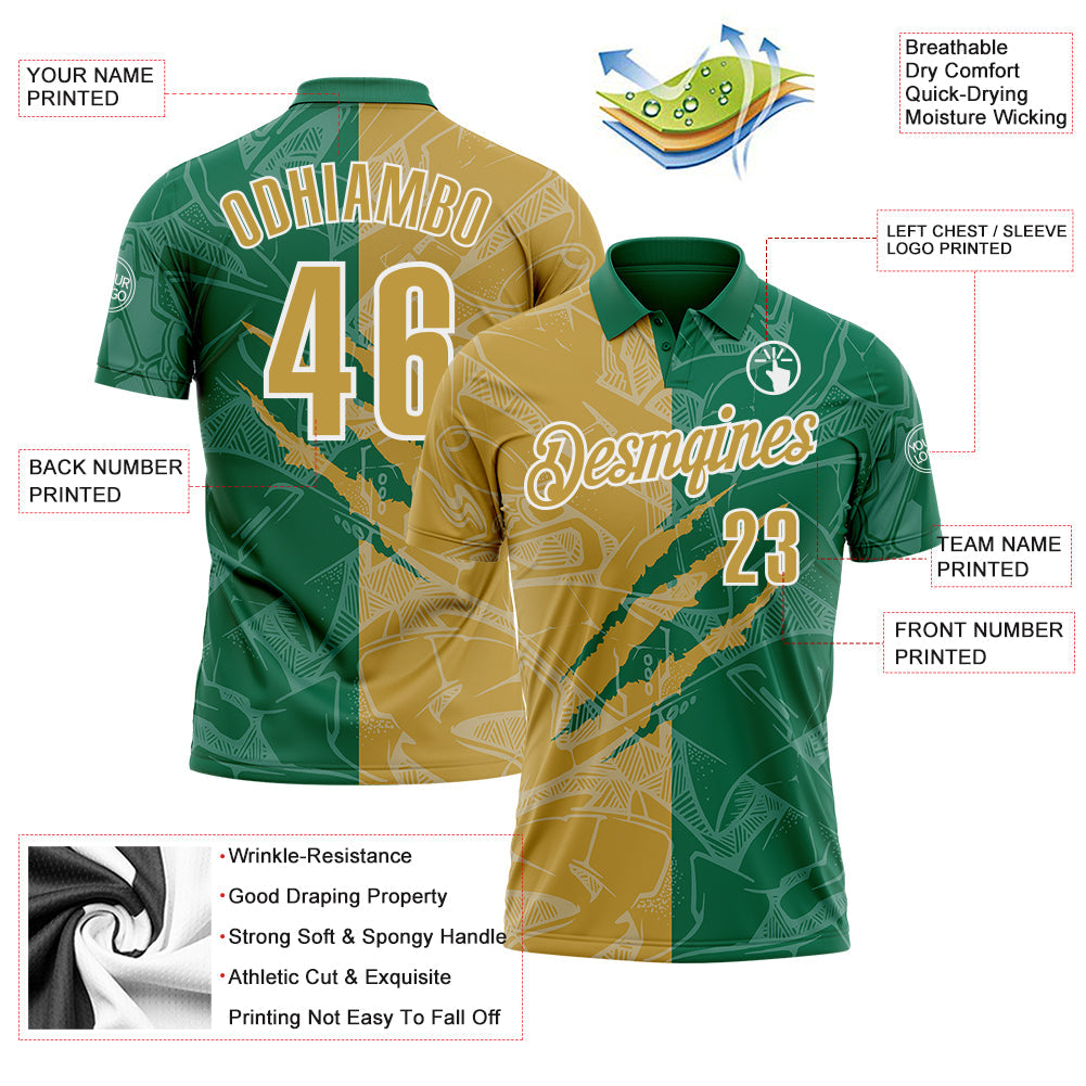 Custom Graffiti Pattern Old Gold Kelly Green-White 3D Scratch Performance Polo Shirt