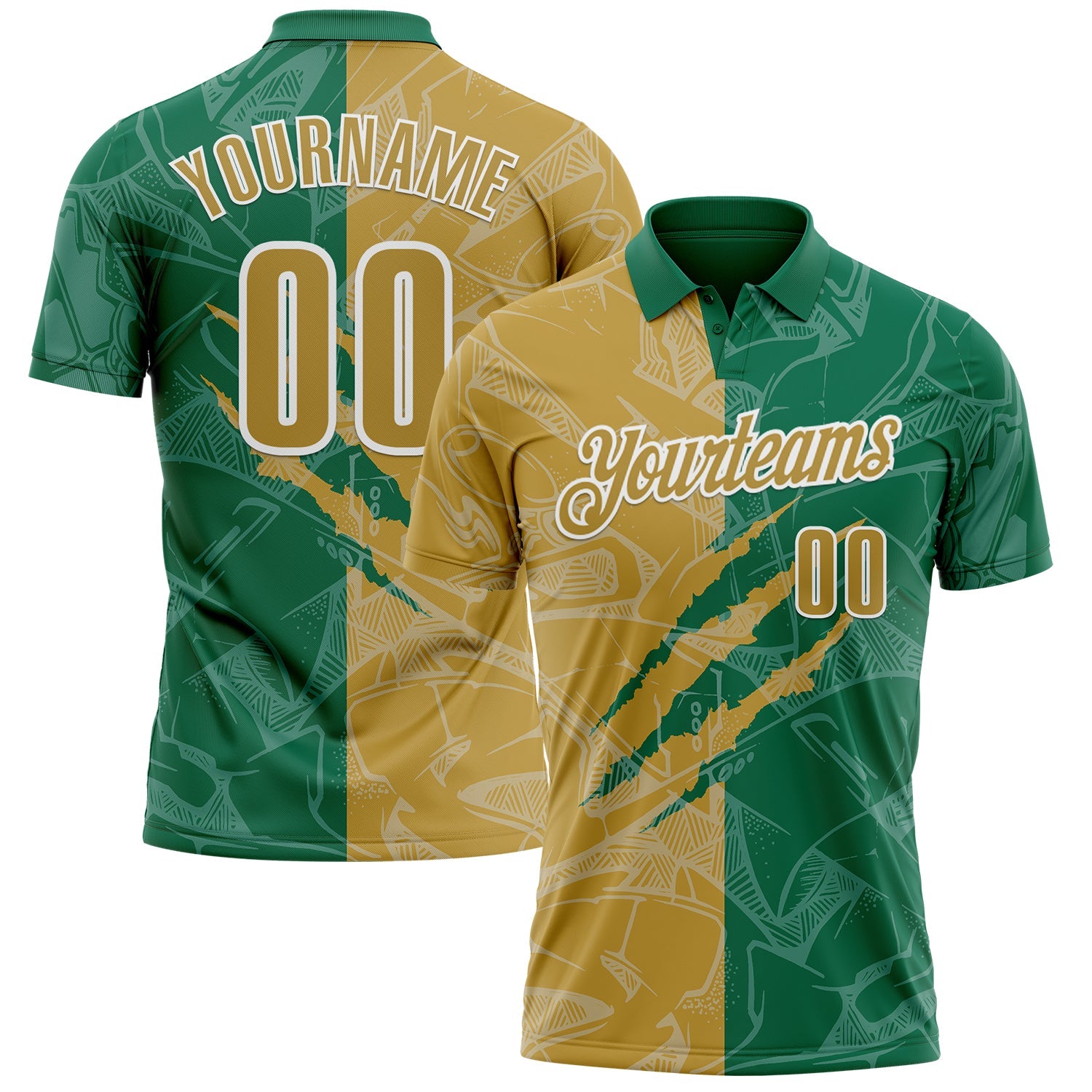 Custom Graffiti Pattern Old Gold Kelly Green-White 3D Scratch Performance Polo Shirt