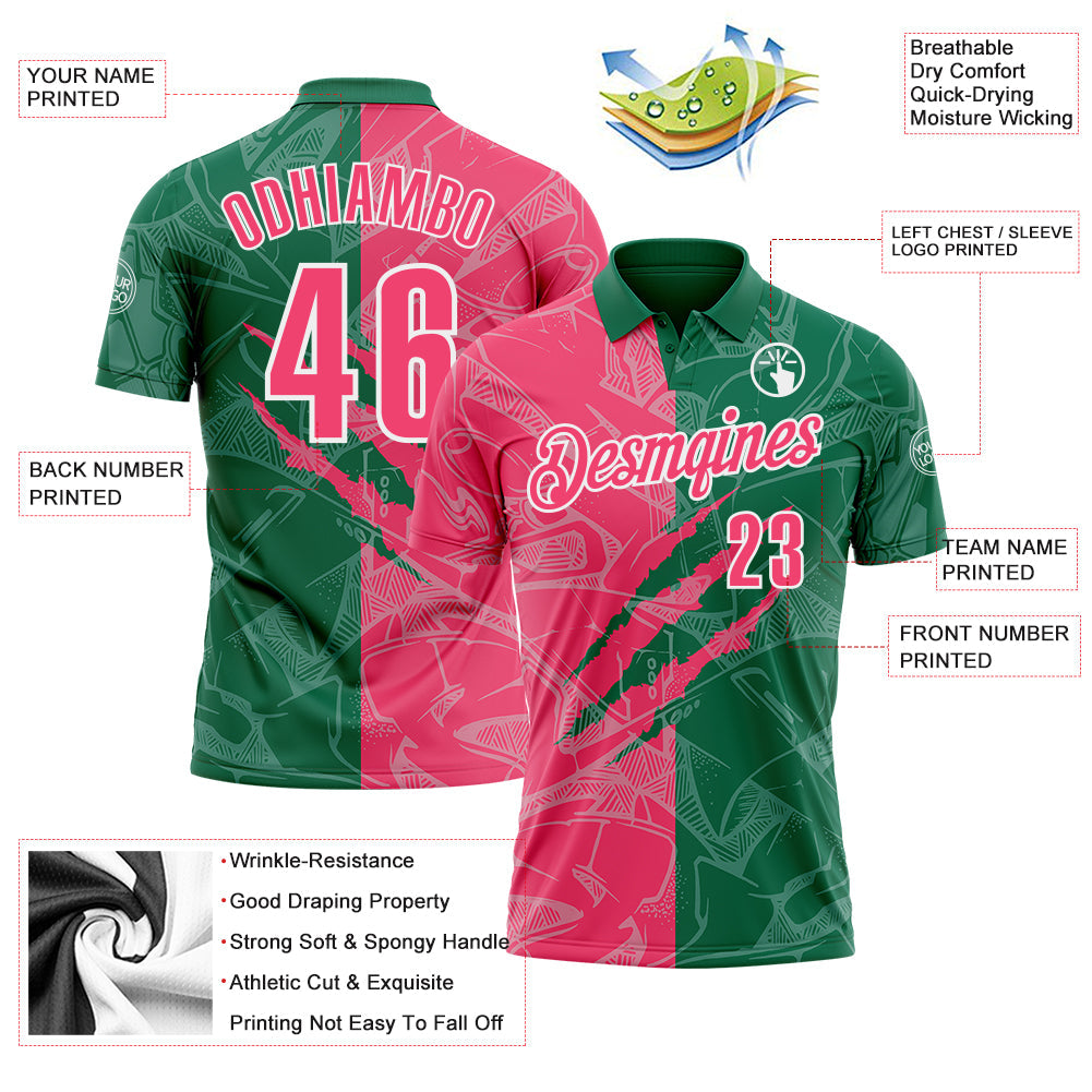 Custom Graffiti Pattern Neon Pink Kelly Green-White 3D Scratch Performance Polo Shirt