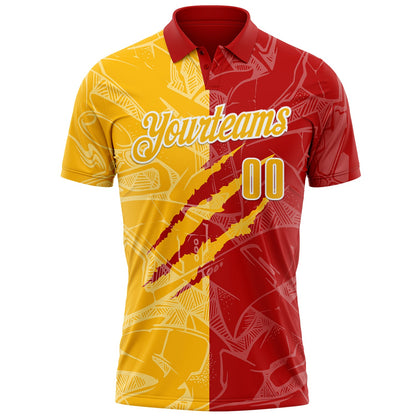 Custom Graffiti Pattern Gold Red-White 3D Scratch Performance Polo Shirt