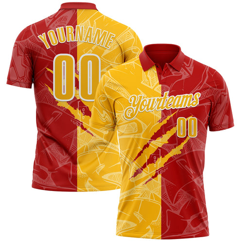 Custom Graffiti Pattern Gold Red-White 3D Scratch Performance Polo Shirt
