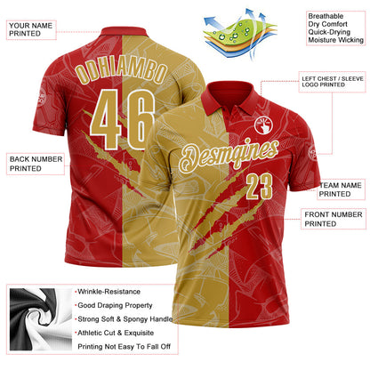 Custom Graffiti Pattern Old Gold Red-White 3D Scratch Performance Polo Shirt