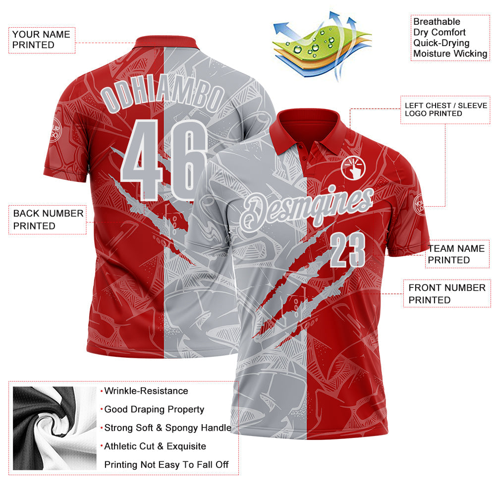Custom Graffiti Pattern Gray Red-White 3D Scratch Performance Polo Shirt