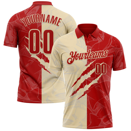 Custom Graffiti Pattern Red-Cream 3D Scratch Performance Polo Shirt