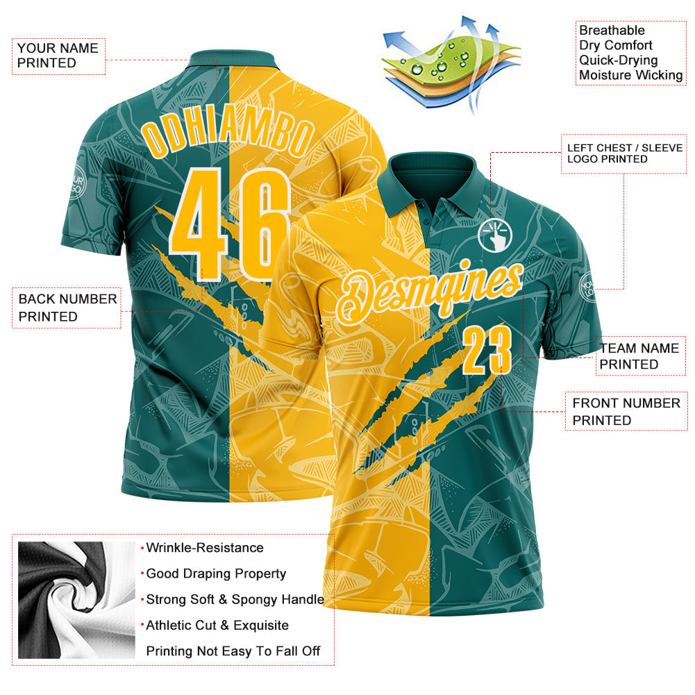 Custom Graffiti Pattern Gold Teal-White 3D Scratch Performance Polo Shirt