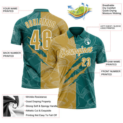 Custom Graffiti Pattern Old Gold Teal-White 3D Scratch Performance Polo Shirt