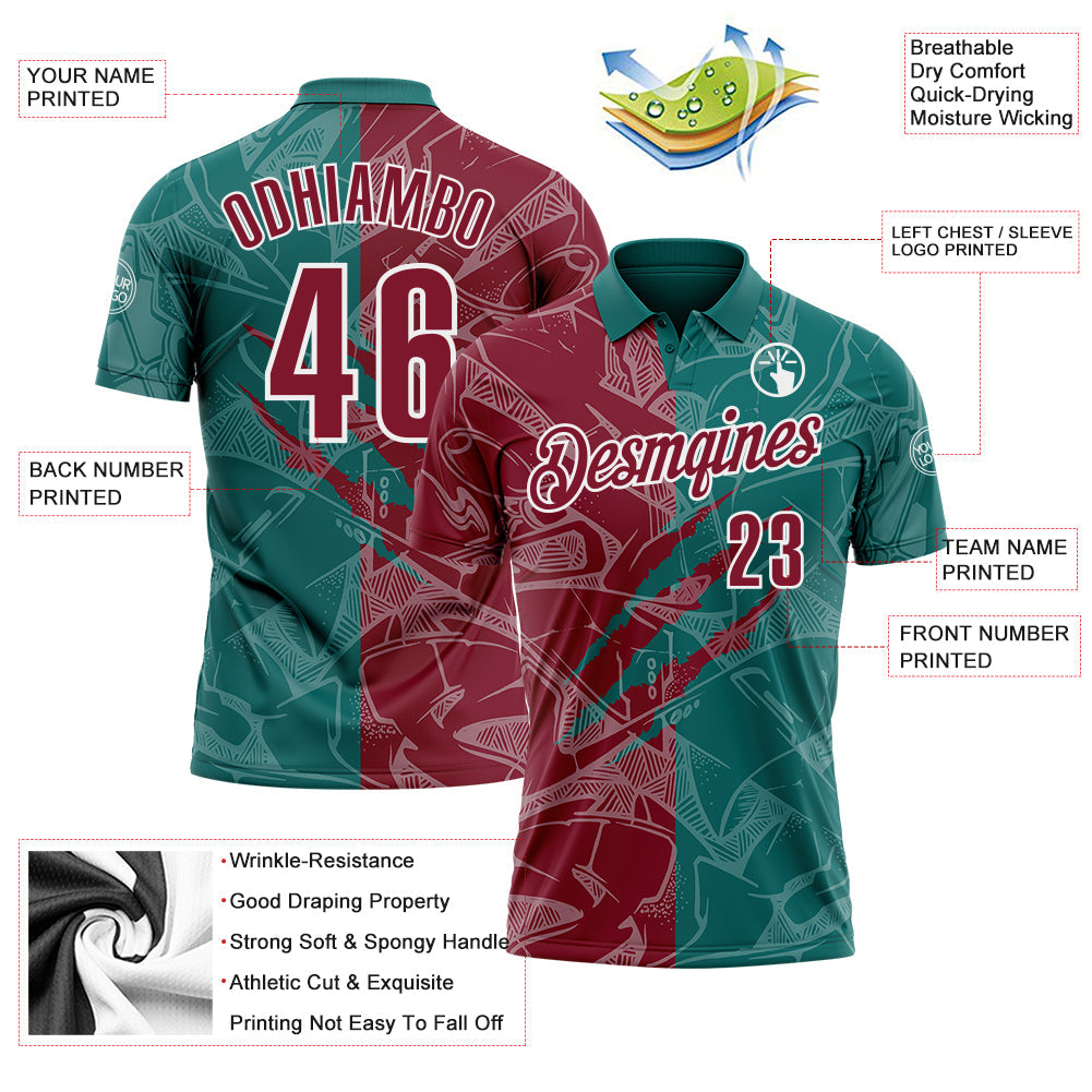 Custom Graffiti Pattern Crimson Teal-White 3D Scratch Performance Polo Shirt