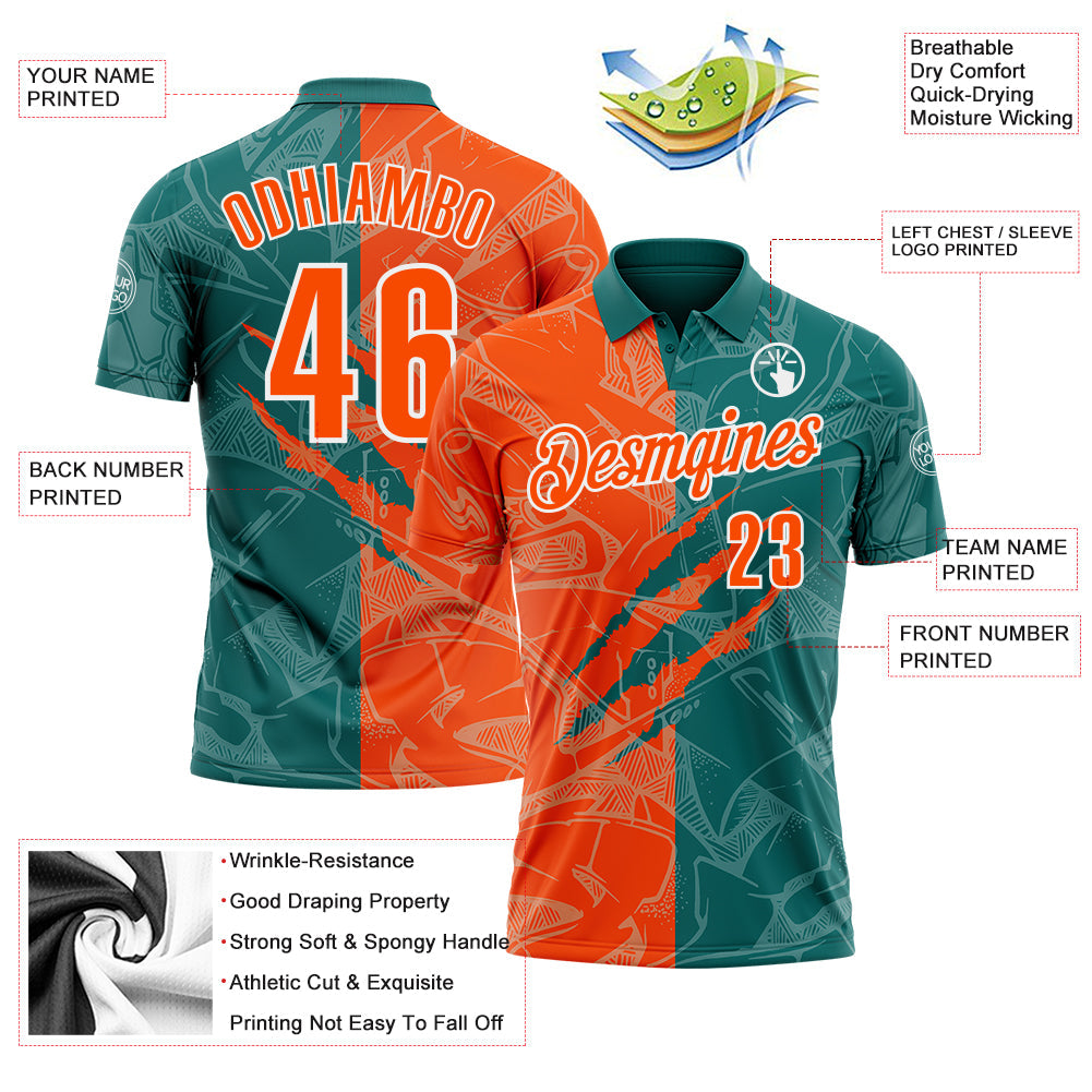 Custom Graffiti Pattern Orange Teal-White 3D Scratch Performance Polo Shirt