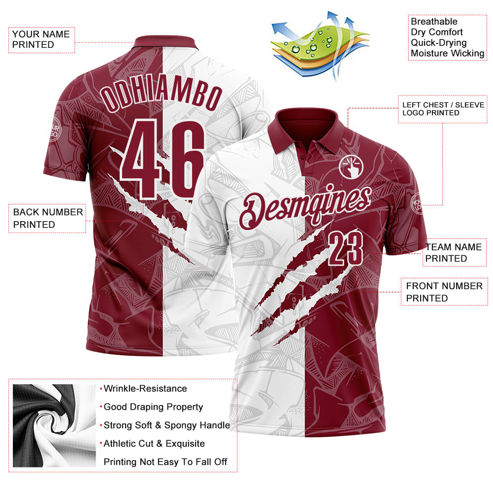 Custom Graffiti Pattern Crimson-White 3D Scratch Performance Polo Shirt