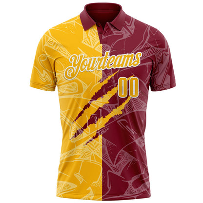 Custom Graffiti Pattern Gold Crimson-White 3D Scratch Performance Polo Shirt
