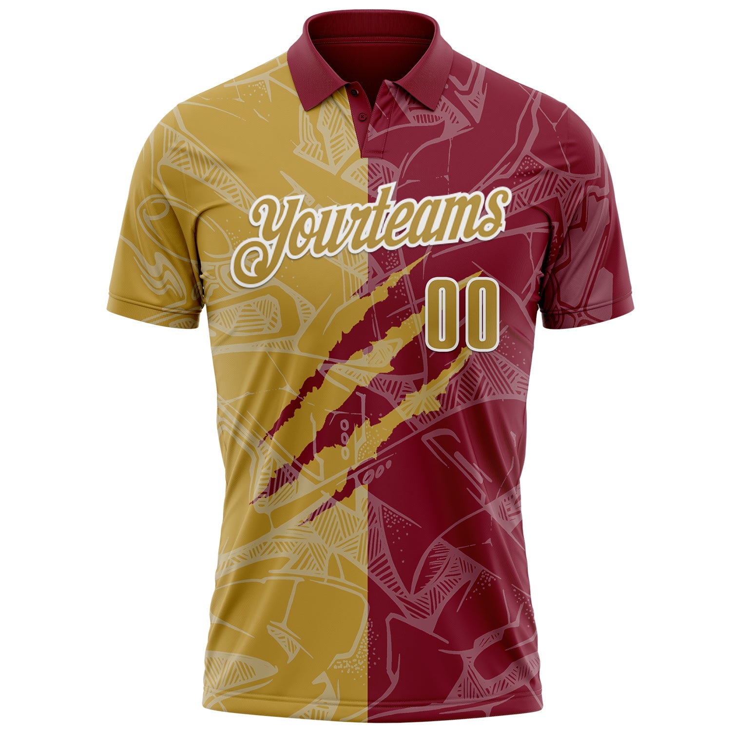 Custom Graffiti Pattern Old Gold Crimson-White 3D Scratch Performance Polo Shirt
