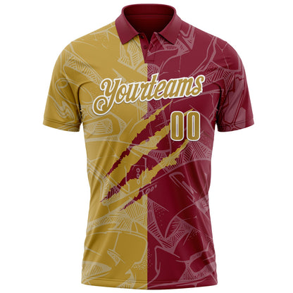 Custom Graffiti Pattern Old Gold Crimson-White 3D Scratch Performance Polo Shirt