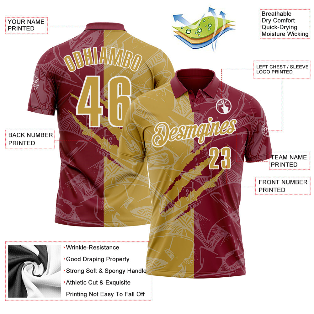 Custom Graffiti Pattern Old Gold Crimson-White 3D Scratch Performance Polo Shirt