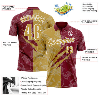 Custom Graffiti Pattern Old Gold Crimson-White 3D Scratch Performance Polo Shirt