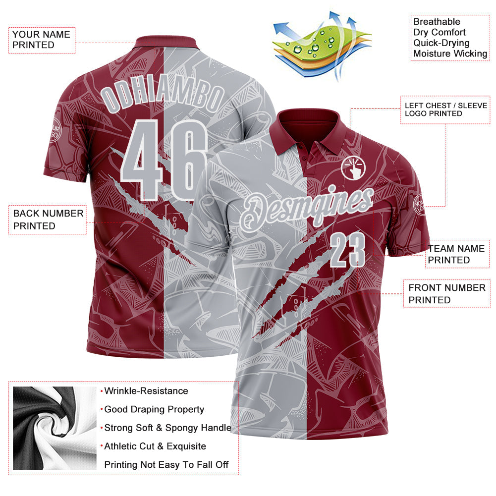 Custom Graffiti Pattern Gray Crimson-White 3D Scratch Performance Polo Shirt
