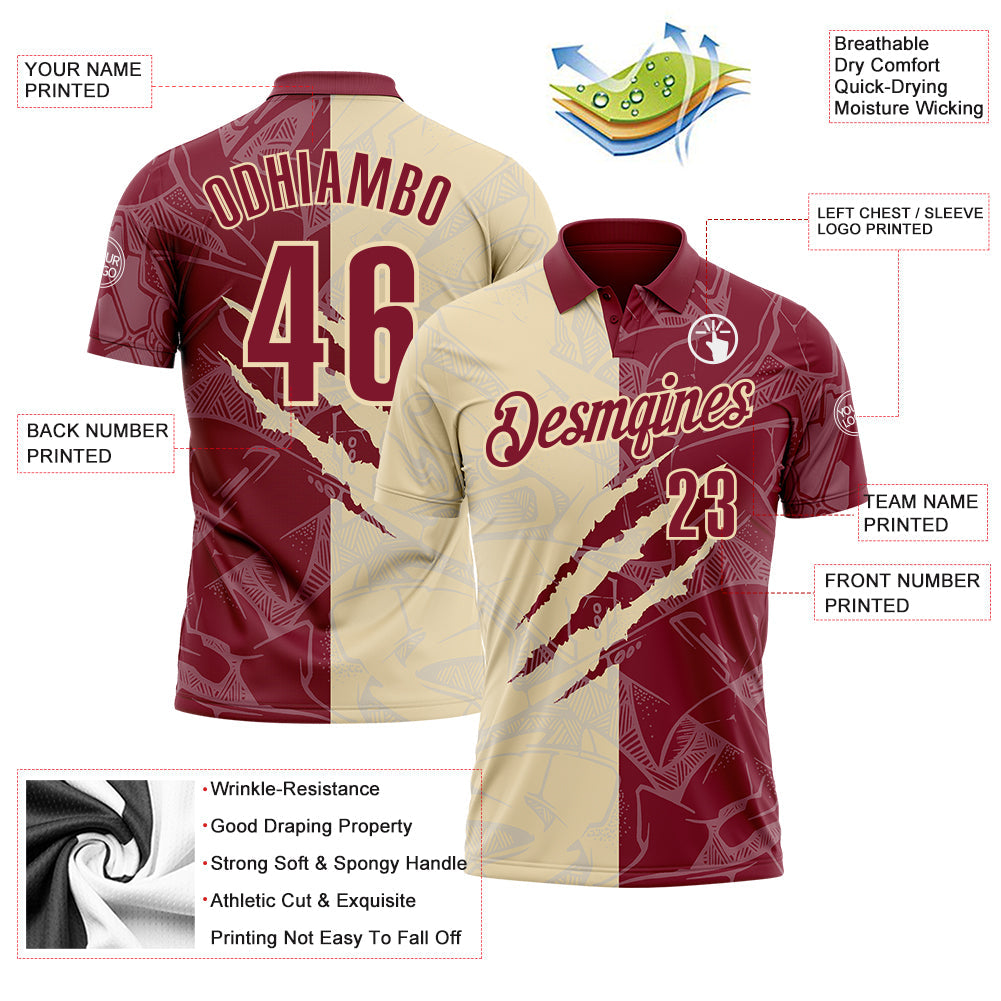 Custom Graffiti Pattern Crimson-Cream 3D Scratch Performance Polo Shirt