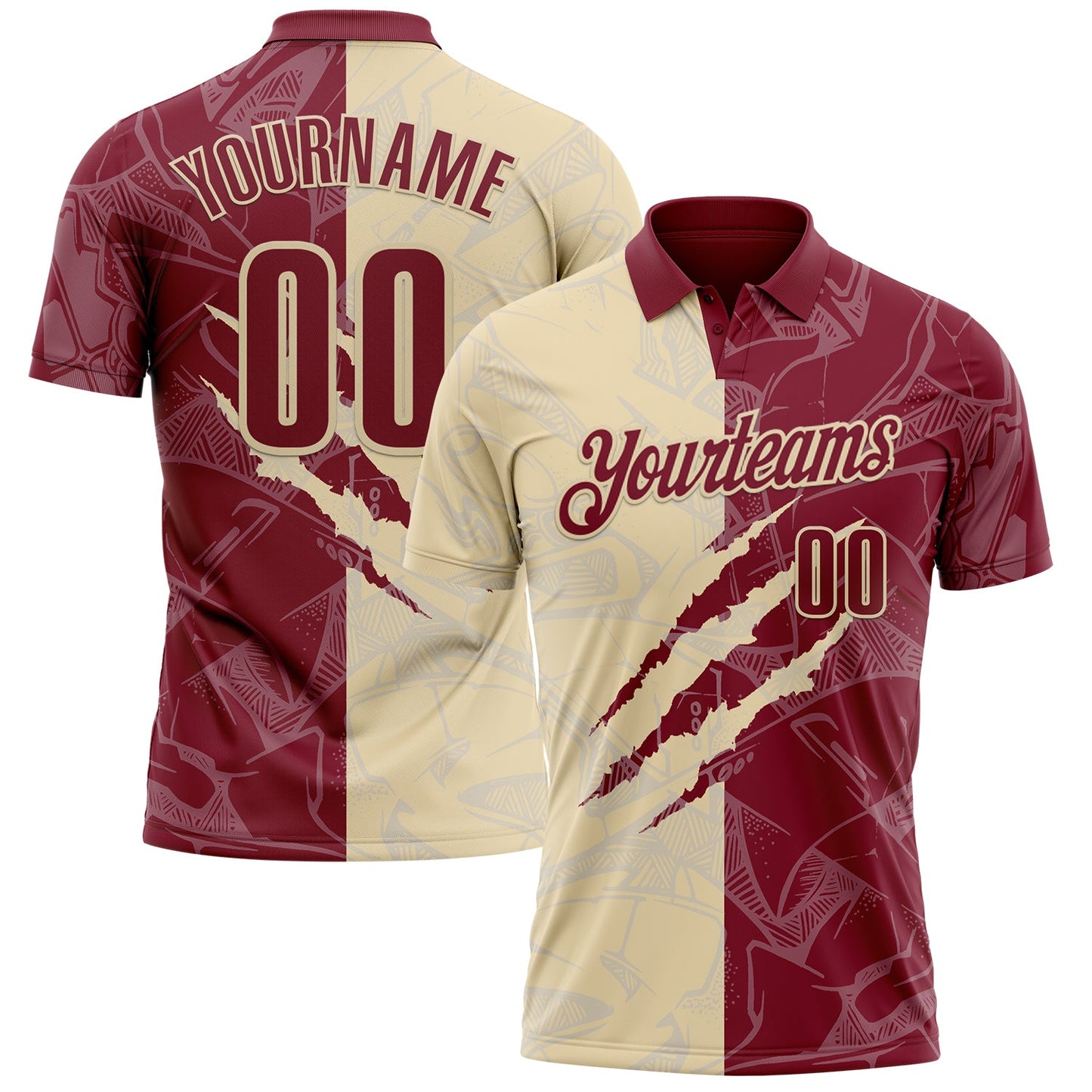 Custom Graffiti Pattern Crimson-Cream 3D Scratch Performance Polo Shirt