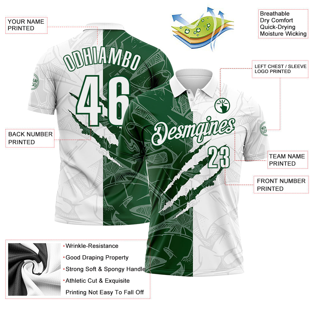 Custom Graffiti Pattern White-Green 3D Scratch Performance Polo Shirt