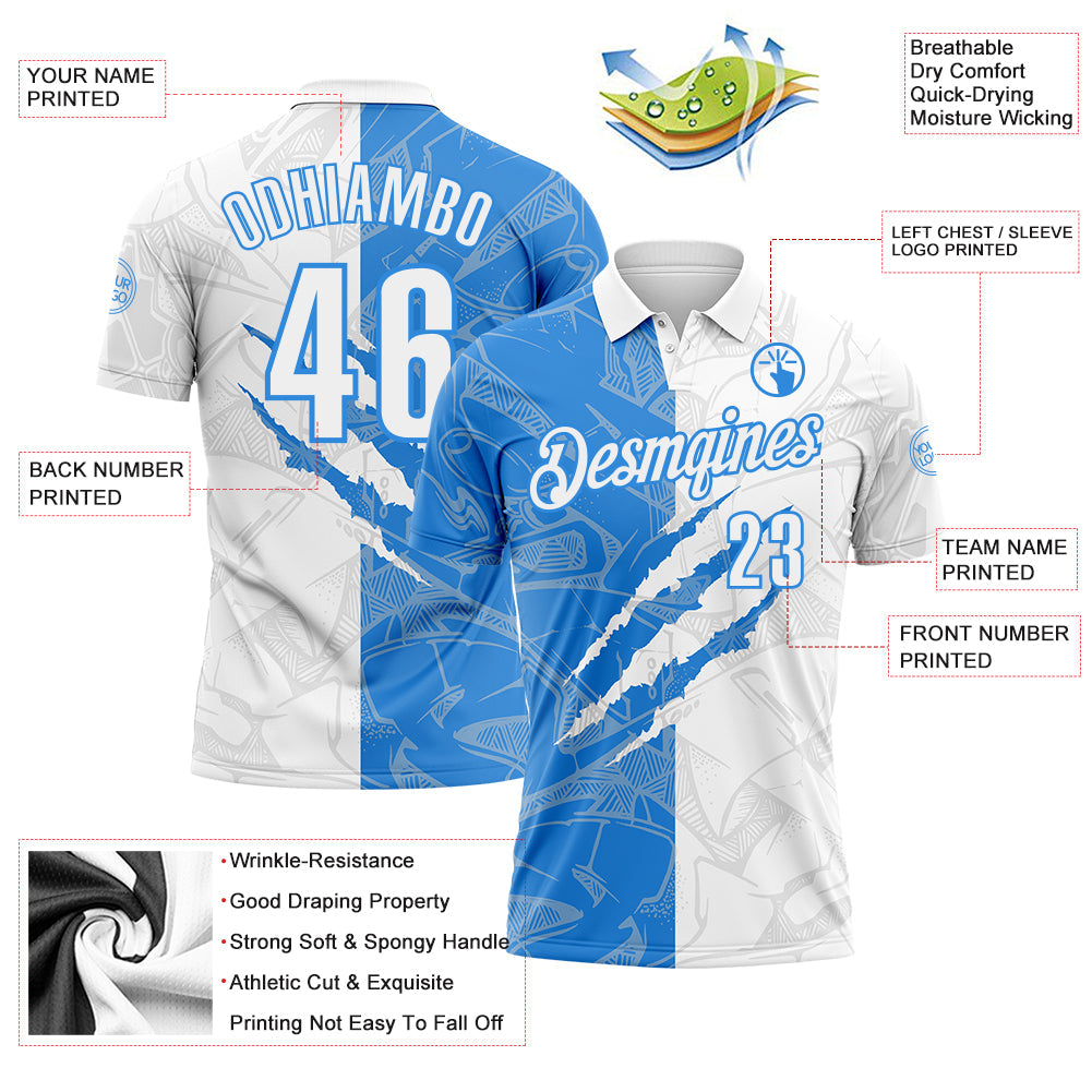 Custom Graffiti Pattern White-Powder Blue 3D Scratch Performance Polo Shirt